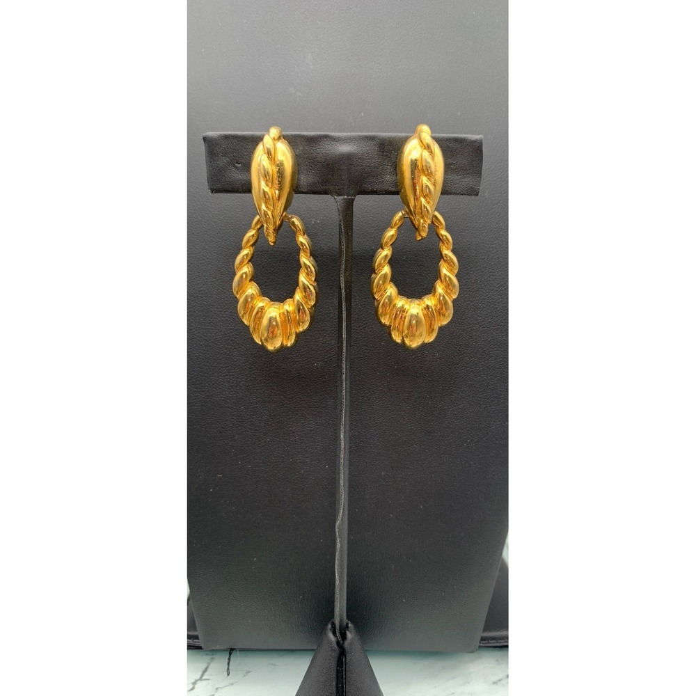 Vintage Vendome Gold Tone Ridged Door Knocker Statement Clip On Earrings Signed